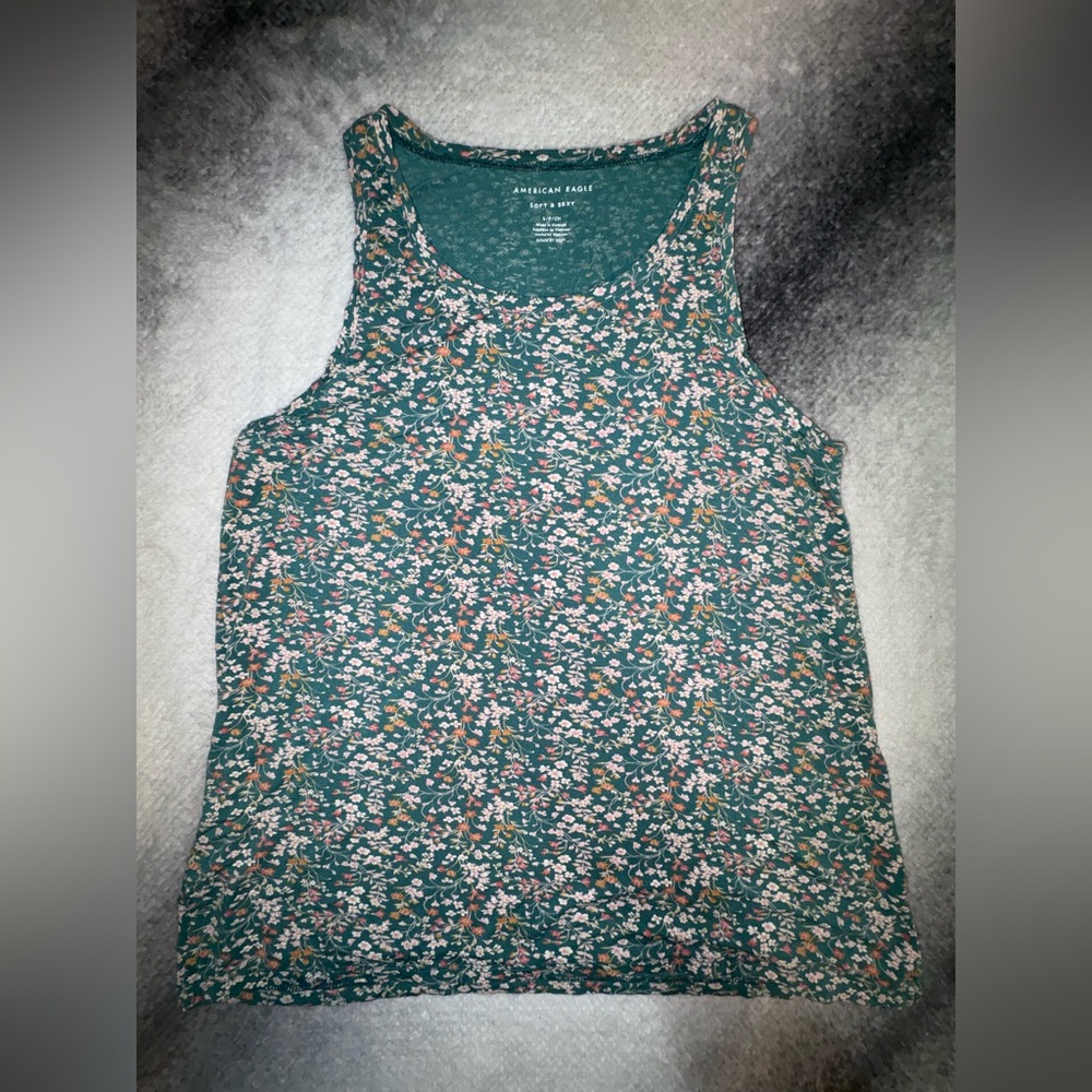 American Eagle Green Floral Soft & Sexy Comfy Tank Top Shirt Small‎ S